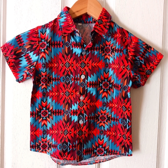 New 3T button front shirt, short sleeve, polyester blend, red and blues - Picture 1 of 2